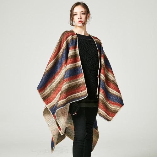 Fashion Sweater Striped Faux Cashmere Capes Women's Poncho Cardigan