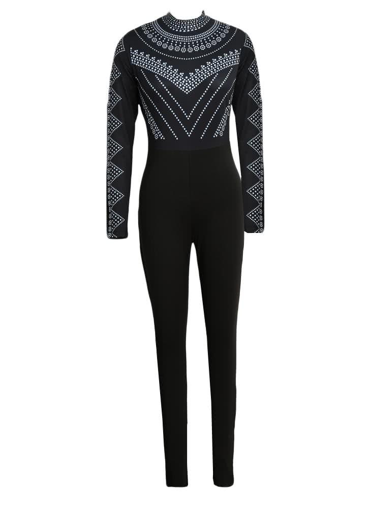 black m Print Turtleneck Long Sleeve Stretchy Bodycon Jumpsuit Chicuu