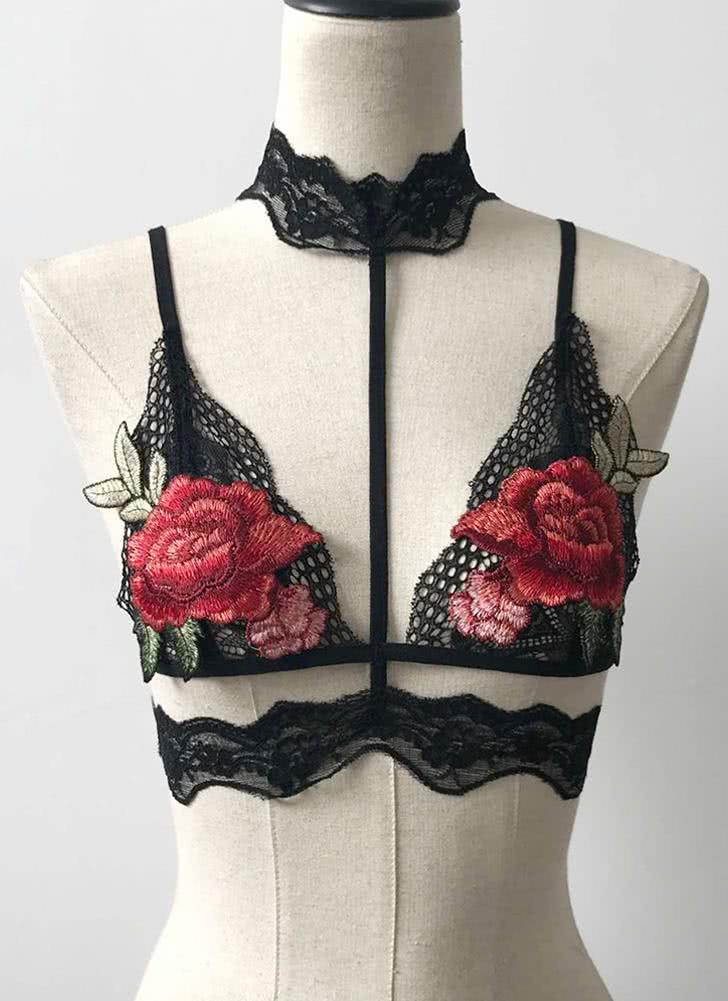 Black L Strappy Floral Embroidered Lace Elastic Caged black l strappy floral embroidered lace elastic caged
