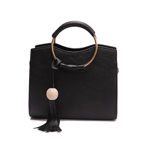 

PU Leather Metal Ring Handle Tassel Women's Tote Shoulder Crossbody Bag