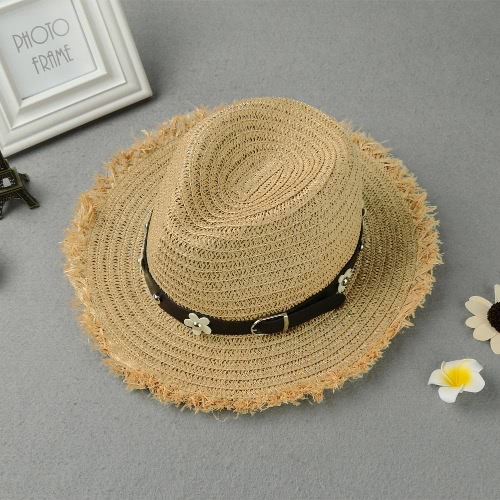 

Новая мода женщины соломенной шляпе Daisy Rivet Пояс Широкий Брим Summer Sun Beach Cap Panama Hat черный / хаки