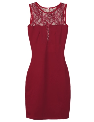 

Sexy Floral Lace Insert Round Neck Sleeveless Slim Bodycon Dress