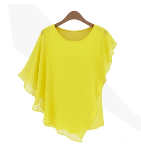 

Women Chiffon Tops Ruffled Batwing Sleeve Asymmetric T Shirt