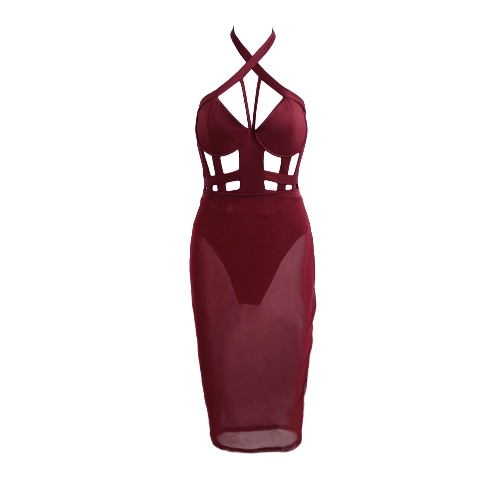 

Сексуальные женщины два-Piece Set Крест Холтер ремни выдалбливают Backless бикини Комбинезон Sheer сетки юбка клуб оболочки Набор
