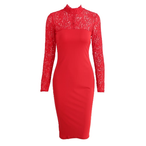 

Сексуальные женщины Bodycon Midi платье цветочные кружева высокого шеи длинным рукавом Назад Zipper Ночной клуб платье партии