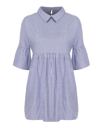 

Fashion Striped Loose Blouse Turn-down Collar Short Sleeve Long Casual Tops