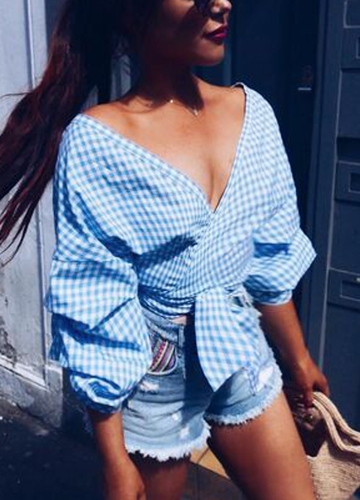 

Women Plaid Puff Sleeve Blouse