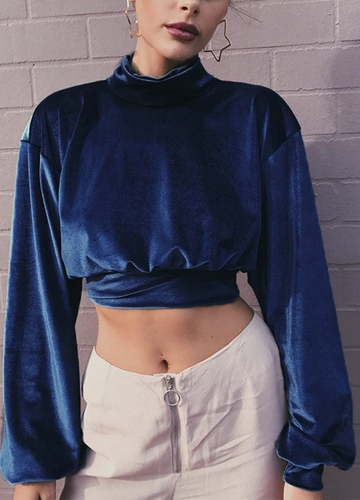 

Женщины Crop Top Велюр высокой высокой черепаха шеи Drop плеча с длинным рукавом повседневная блузка