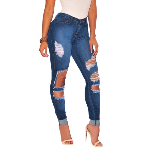 

Denim джинсы Промытые Разорванные отверстие молнии карманы высокой талией Брюки Эластичный