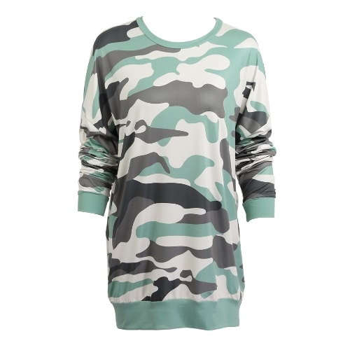 

Women Camouflage Print Dropped Shoulder O Neck Loose Straight Mini Dress