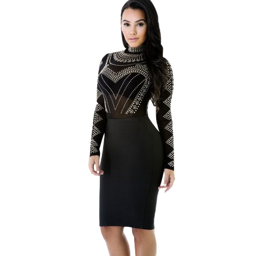 

Сексуальные женщины Полу-Sheer с длинным рукавом точка шаблон молния Bodycon платье