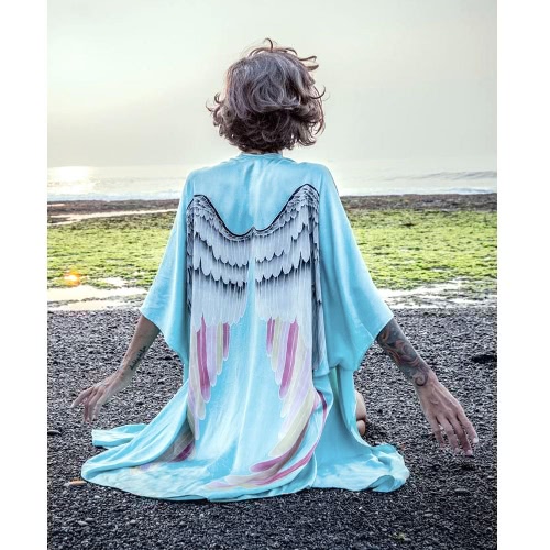 

Angel Wing Print Open Front Three Quarter Sleeve Loose Long Kimono