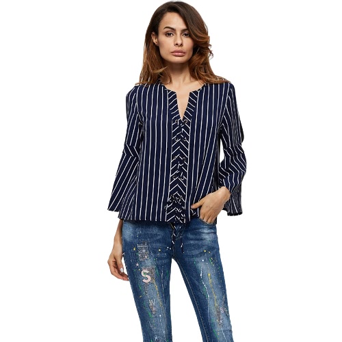 

Fashion Striped Lace Up V Neck Flare Sleeve Women's Blouse
