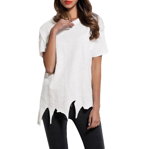 

Мода Ripped Frayed Hem с коротким рукавом вскользь Loose Women's T-Shirt