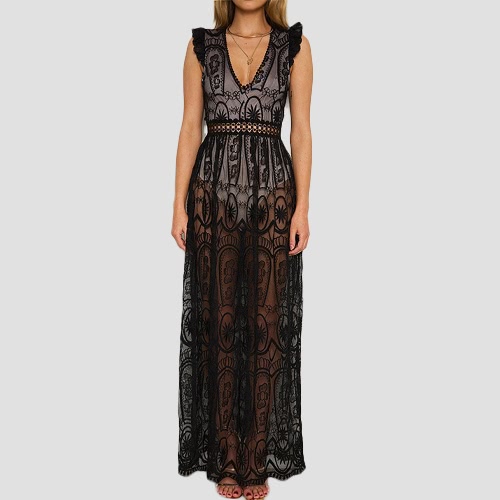 

Sexy Lace Sheer Hollow Out V-Neck Sleeveless Elegant Women's Long Dress