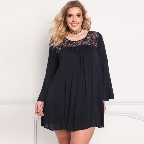 

Sexy Chiffon Floral Lace Long Sleeve Casual Women's Plus Size Dresseeve Casual Loose Solid Ruched Mini Dress Large Size Black
