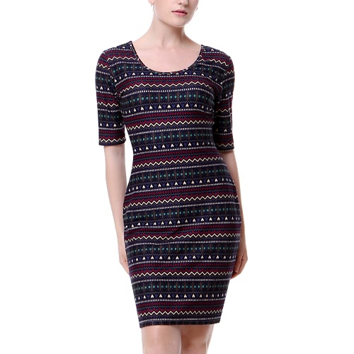 

New Vintage Women Printed O Neck Retro Pattern Half Sleeve Mini Dress