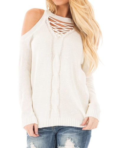

Elegant Cold Shoulder Knitted Sweater Casual Long Sleeve Pullover
