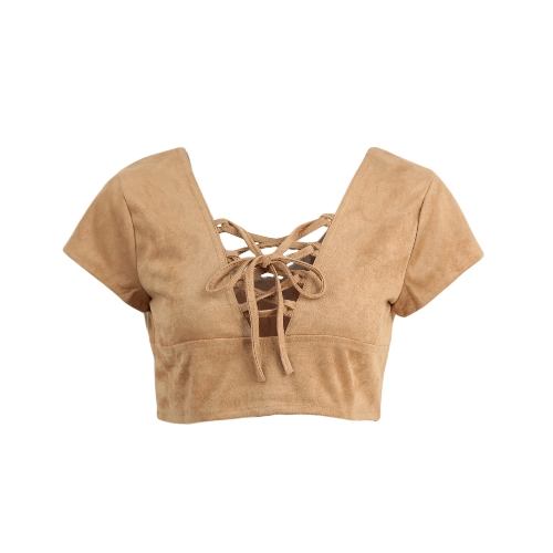 

Европа сексуальных женщин Crop Top Замша Faux ремень Узелок V-образным вырезом с открытой спиной Тонкий Топы