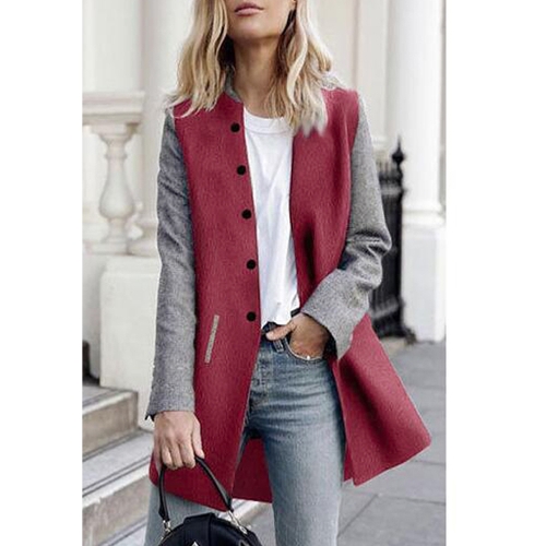 

Women Winter Color Splice Long Sleeves Side Pockets Buttons Outerwear Coat