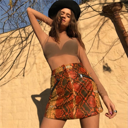 

Women High Waist Skirts Snakeskin Print Zipper Front Pencil Short Club Party Bodycon Mini Skirts Orange