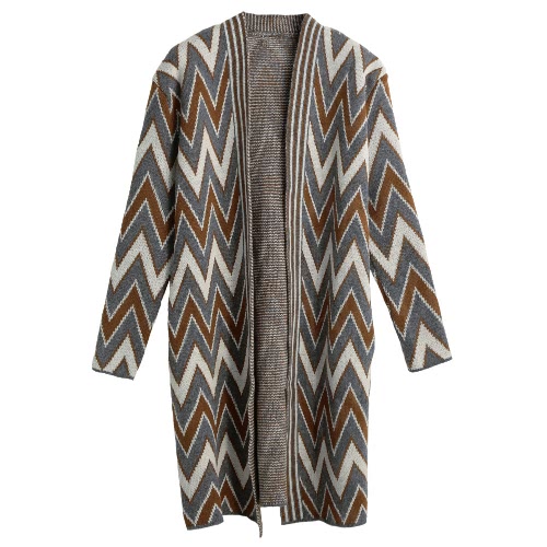 

Новая зима Женщины Трикотажные Кардиган Open Front Chevron печати Stripes Боковые карманы Длинные Outwear Желтый / коричневый
