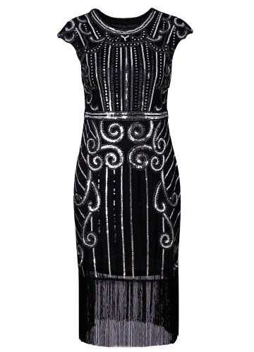 

Women Party Dress Sequined Tassel Fringe 1920s Flapper Sleeveless Vintage Midi Dress