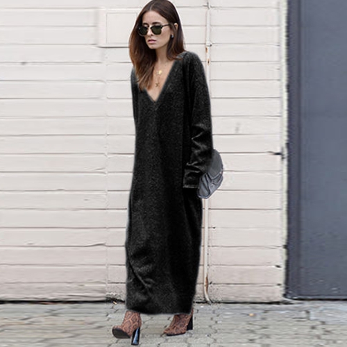 

Зимние женщины Maxi Loose Deep V Neck с длинным рукавом Трикотажное платье