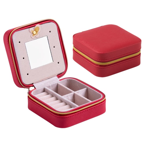 

Mini Portable Zip Earrings Necklace Ring Jewelry PU Storage Box with Mirror