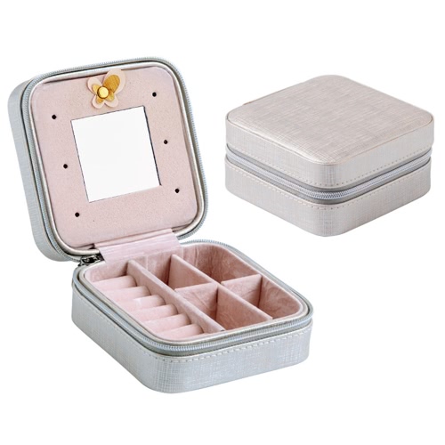 

Mini Portable Zip Earrings Necklace Ring Jewelry PU Storage Box with Mirror
