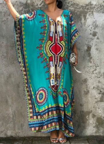

Boho Ethnic Beach Cover Up Plus Size Printed V Neck Women's Maxi Dress